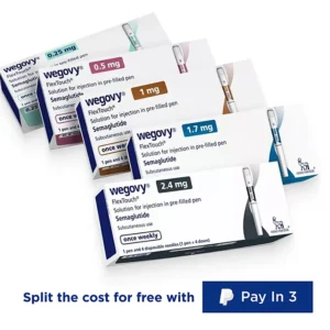 Wegovy (Semaglutide) Wegovy (Semaglutide) is a prescription medication used for chronic weight management in eligible adults and certain adolescents when combined with a reduced-calorie diet and increased physical activity. Wegovy contains semaglutide, a GLP-1 receptor agonist that helps regulate appetite and food intake. What is Wegovy (Semaglutide)? Wegovy is a once-weekly injectable prescription medicine containing semaglutide. It works by mimicking a naturally occurring hormone involved in appetite regulation, helping individuals feel fuller for longer and reduce calorie intake as part of a comprehensive weight management plan. Key Features of Wegovy (Semaglutide) Prescription Weight Management Support Used under medical supervision as part of a long-term weight management program. Once-Weekly Administration Designed for convenient once-weekly dosing. Appetite Regulation Helps regulate hunger signals and support reduced food intake. Clinically Studied Active Ingredient Contains semaglutide, a GLP-1 receptor agonist extensively studied in clinical settings. Comprehensive Weight Management Approach Intended to be used alongside dietary changes and increased physical activity. Medical Supervision Recommended Treatment should be initiated and monitored by a qualified healthcare professional. Why Learn About Wegovy (Semaglutide)? Contains semaglutide as the active ingredient Once-weekly injection schedule Used for chronic weight management in eligible patients Part of a broader lifestyle and weight management program Clinically studied treatment option Requires prescription and medical guidance